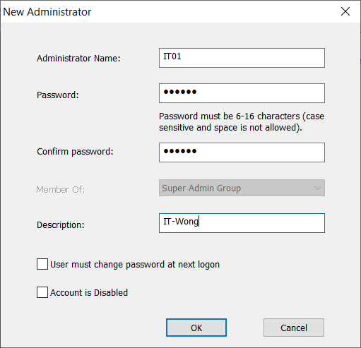 In “New Administrator” box, Enter Administrator name and password … etc.