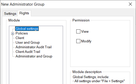 In the “Rights” Menu, it can set the permissions of different modules to "View" or "Modify". Then, click the "OK" button to exit.