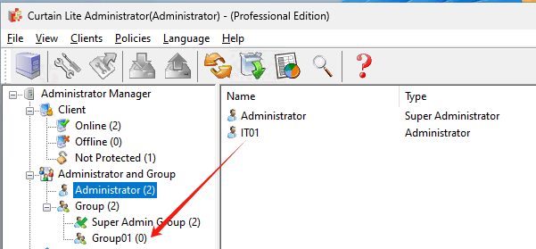 In “Administrator”panel, it can drag the administrator “IT01”to “Group01”administrator group.